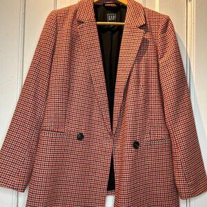 Gap Double-Breasted Blazer Red Herringbone Plaid Wool